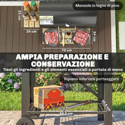 Outsunny Barbecue a Carbone, Griglia Mobile con Ripiani Pieghevoli e Termometro