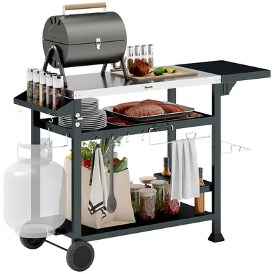 Outsunny Carrello Barbecue con Tavolino Pieghevole in Acciaio Inox, 2 Ruote e Accessori, 125x65x84 cm, Nero
