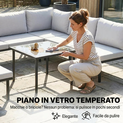 Outsunny Set Mobili Giardino Metallo 6 Persone, Divano Angolare Cuscini, Grigio Chiaro