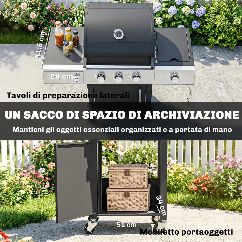 Outsunny Barbecue a Gas con 3 Fuochi e Bruciatore Laterale, 109x50x109 cm, Nero