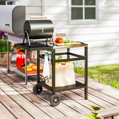 Outsunny Carrello per Barbecue con Piano in Acciaio e Ripiano Richiudibile, Ruote e Ganci, 91x58x76 cm, Nero