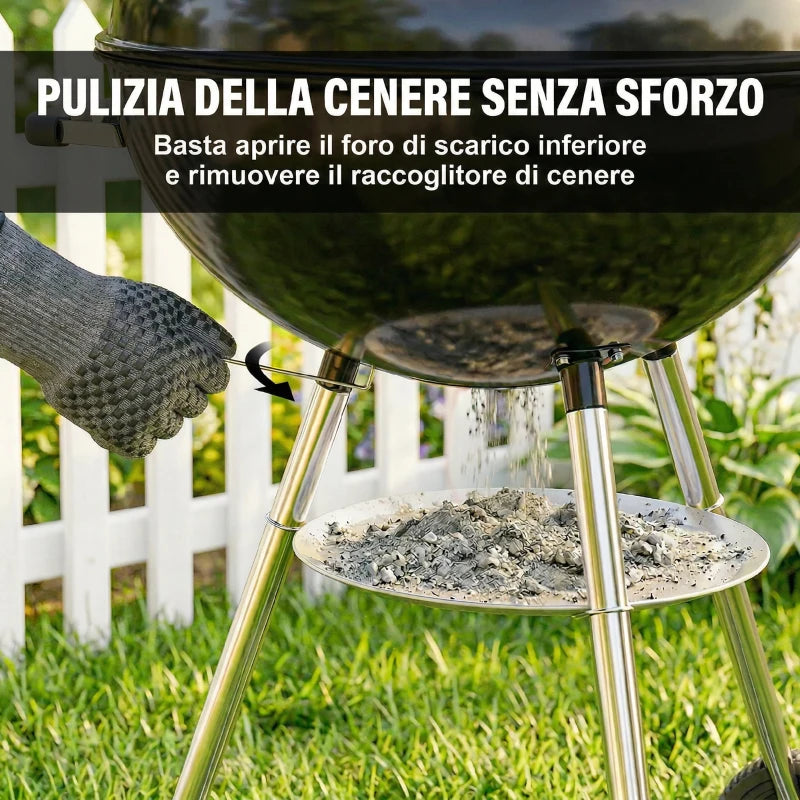 Outsunny barbecue a carbone con griglia esterna rotonda, coperchio, termometro e ruote, Nero