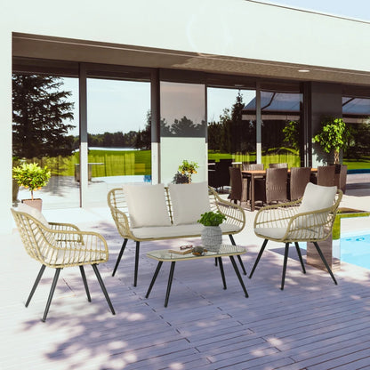 Outsunny Set da Giardino 4 Pezzi con 2 Sedie da Giardino, Divanetto 2 Posti e Tavolino Basso, Naturale e Crema