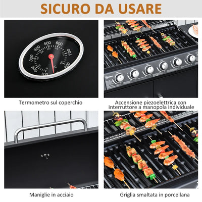 Outsunny Barbecue a Gas con Coperchio, 7 Bruciatori da 20kW, Fornello Laterale e 2 Ruote, 135x50x100 cm, Nero