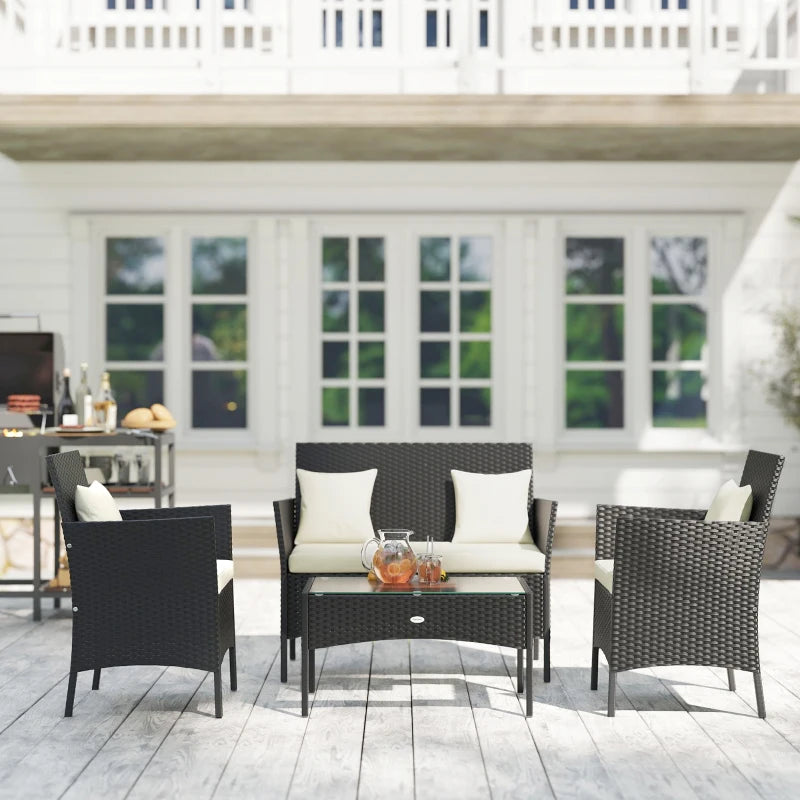 Outsunny Set da Giardino 4Pezzi in Rattan con 2 Sedie, Poltrona da Giardino a 2 Posti e Tavolino Basso
