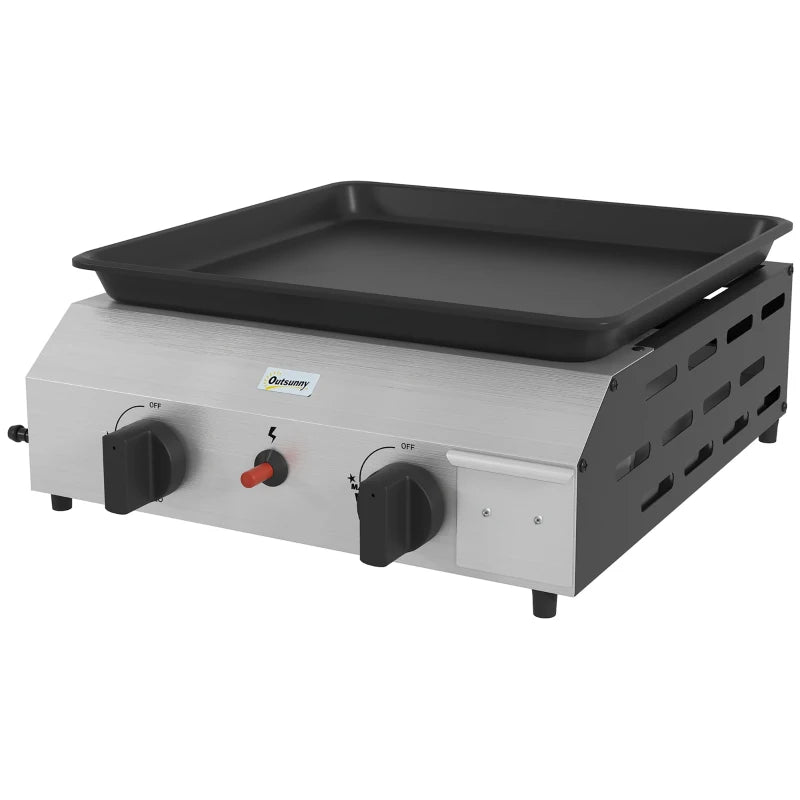 Outsunny Piastra Barbecue a Gas con 2 Bruciatori, Piano Antiaderente e Potenza 4.8kw, Argento