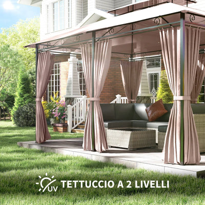 Outsunny Gazebo da Giardino 4x3m con Doppio Tetto e Tende Laterali in Acciaio e Poliestere, Color Cachi