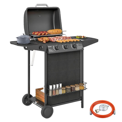 Outsunny Barbecue a Gas con 4 Bruciatori Indipendenti e Coperchio con Termometro, 108x54x97 cm, Nero