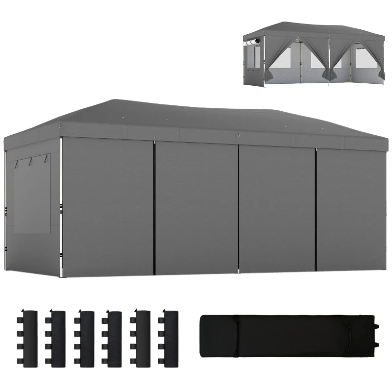 Outsunny Gazebo Pieghevole 3x6 m con 6 Pareti Laterali, Sacchi e Picchetti, in Metallo e Tessuto Oxford, Grigio Scuro