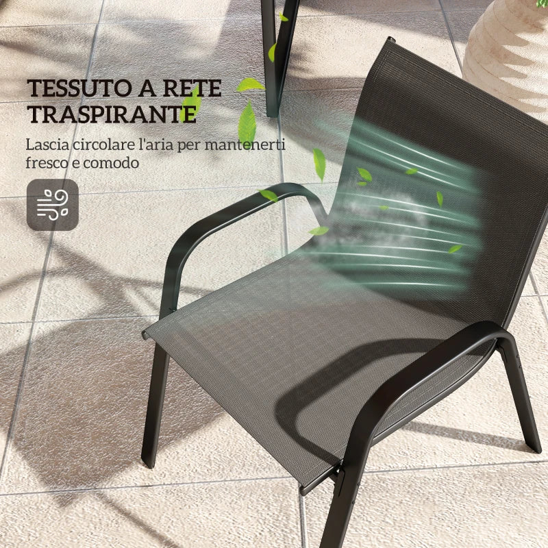 Outsunny Set da Giardino con Divano 2 Posti, 2 Poltrone Impilabili e Tavolino in Vetro, Nero