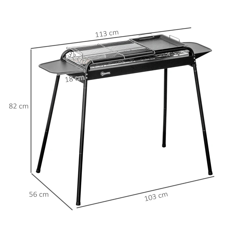 Outsunny Barbecue a Carbonella con Griglia e Piastra in Acciaio con Ripiani Laterali, 113x59x83.5cm, Nero