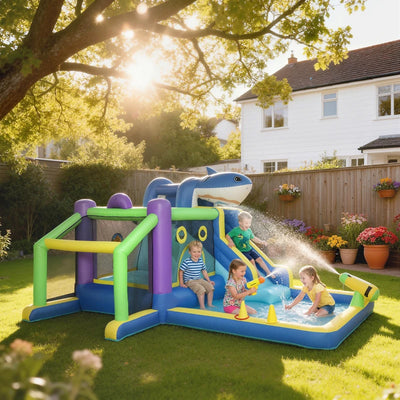 AIYAPLAY Gonfiabile Tema Squali con Scivolo, Piscina/Piscina Palline per Divertimento Bambini all'Aperto
