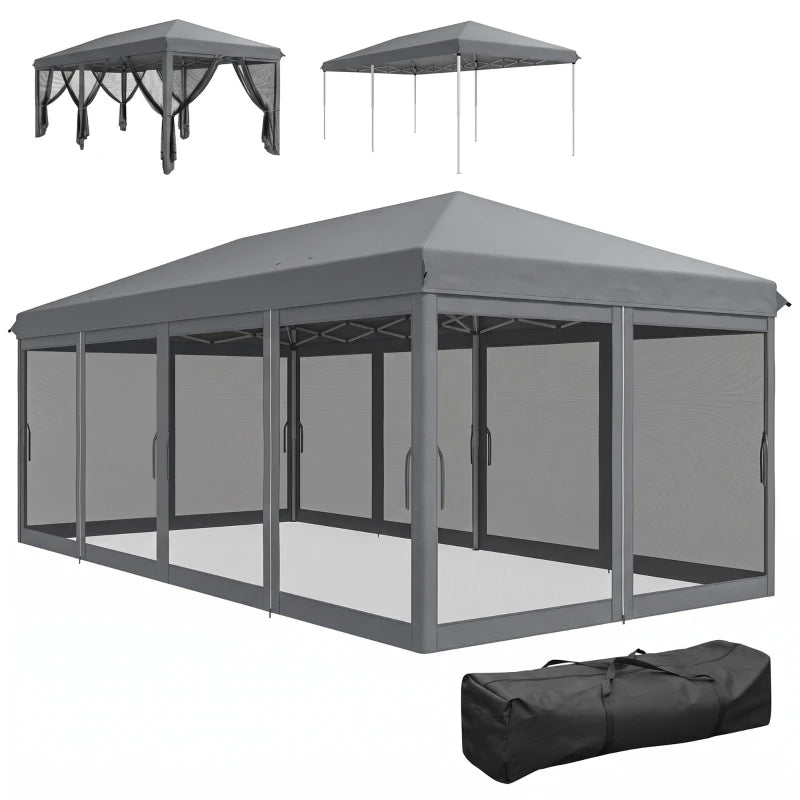 Outsunny Gazebo da Giardino Pieghevole 6x3 m con 6 Zanzariere e Pulsante, in Acciaio e Poliestere, Grigio
