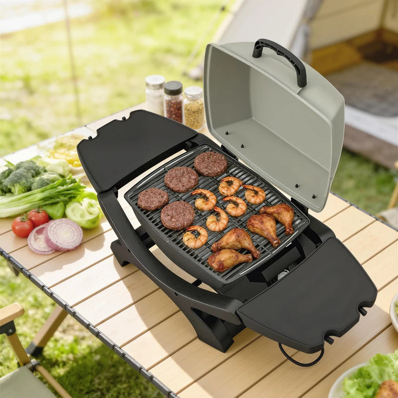 Outsunny barbecue elettrico 2300W, portatile da tavolo con ripiani laterali, colore nero.