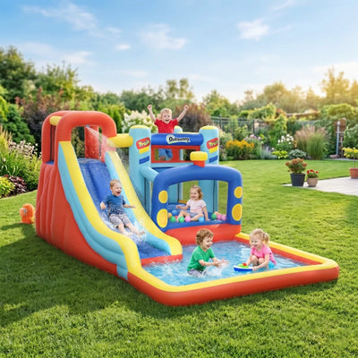 Outsunny Castello Gonfiabile per Bambini 3-8 Anni con Trampolino, Scivolo e Piscina, 435x245x200cm