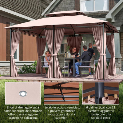 Outsunny Gazebo da Giardino 4x3m con Doppio Tetto e Tende Laterali in Acciaio e Poliestere, Color Cachi