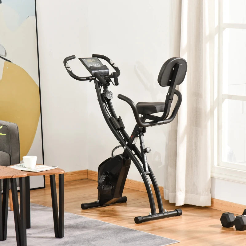 HOMCOM Cyclette Pieghevole 2 in 1, Resistenza Magnetica Regolabile 8 Livelli, Cyclette da Casa Silenziosa con Sensore Cardiaco, Sedile Regolabile, Bande Elastici, Schermo LCD, Ruote, Nero