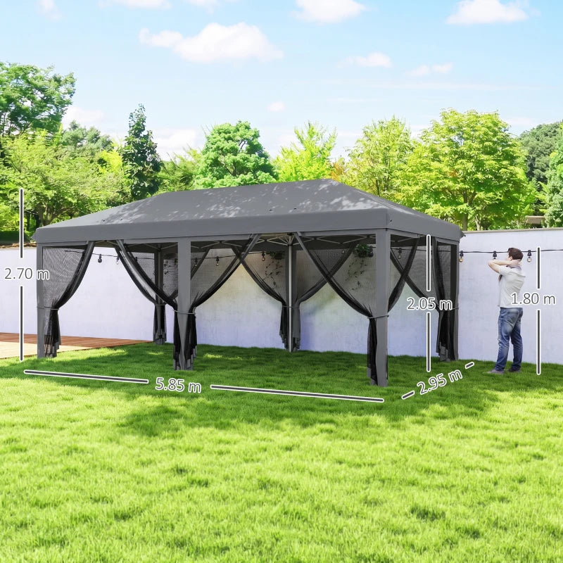 Outsunny Gazebo da Giardino Pieghevole 6x3 m con 6 Zanzariere e Pulsante, in Acciaio e Poliestere, Grigio