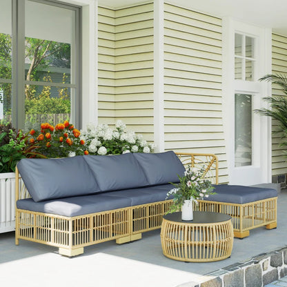 Outsunny Set Salotto in Rattan da Giardino con Divano Modulabile, Cuscini e Tavolino da Caffè, Grigio