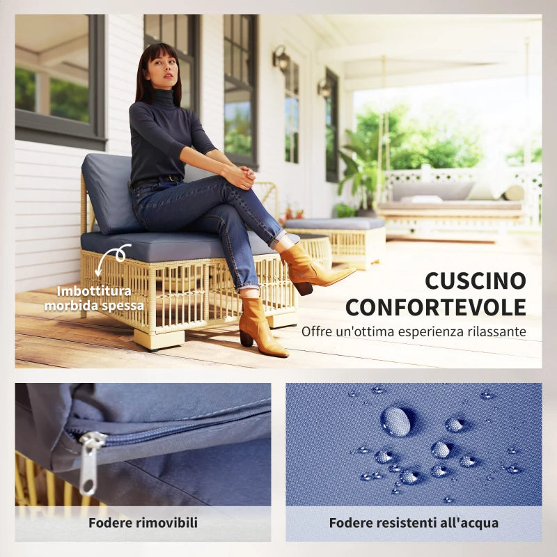 Outsunny Set Salotto in Rattan da Giardino con Divano Modulabile, Cuscini e Tavolino da Caffè, Grigio