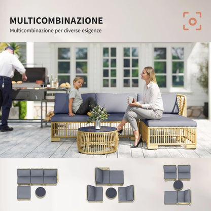 Outsunny Set Salotto in Rattan da Giardino con Divano Modulabile, Cuscini e Tavolino da Caffè, Grigio