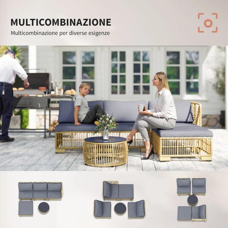 Outsunny Set Salotto in Rattan da Giardino con Divano Modulabile, Cuscini e Tavolino da Caffè, Grigio