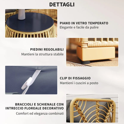 Outsunny Set Salotto in Rattan da Giardino con Divano Modulabile, Cuscini e Tavolino da Caffè, Grigio