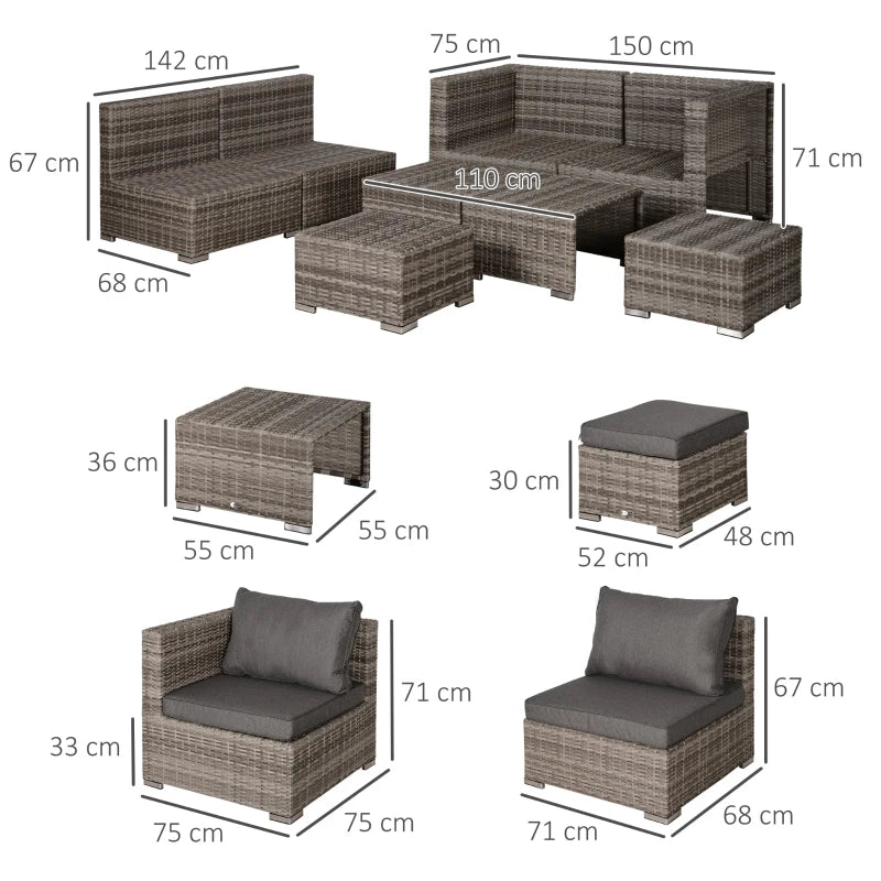 Outsunny Salotto da Esterno in Rattan PE da 8 Pezzi, Set Mobili da Giardino Salvaspazio con Poltrone, Tavolini e Sgabelli, Grigio