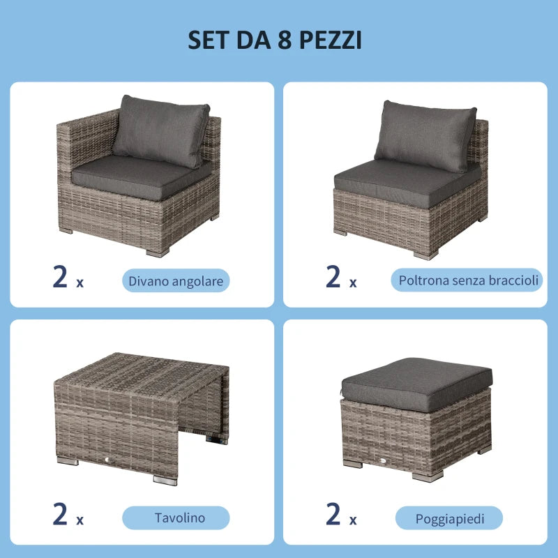 Outsunny Salotto da Esterno in Rattan PE da 8 Pezzi, Set Mobili da Giardino Salvaspazio con Poltrone, Tavolini e Sgabelli, Grigio