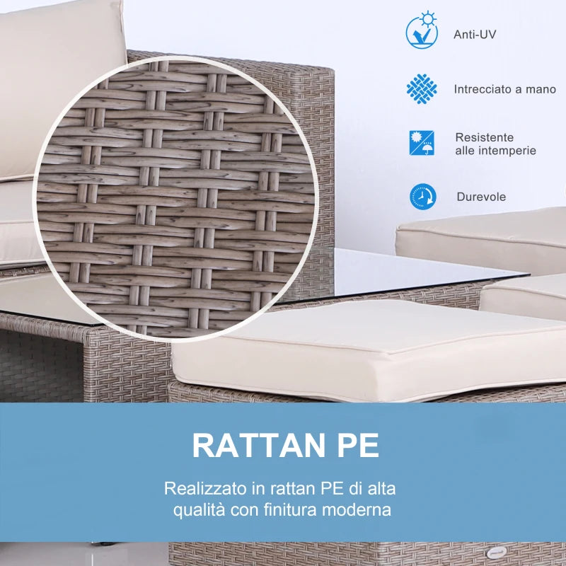 Outsunny Salotto da Esterno in Rattan PE da 8 Pezzi, Set Mobili da Giardino Salvaspazio con Poltrone, Tavolini e Sgabelli, Grigio