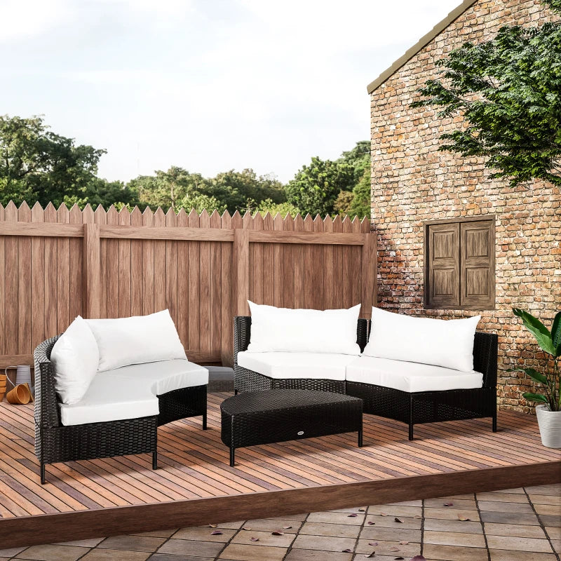Outsunny Divano da Esterno in Rattan, Set 5 Pezzi con Pouf, Salottino per il Giardino Nero e Bianco 96cmx 68cmx 65cm