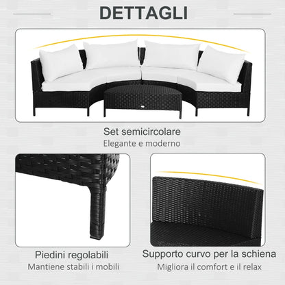 Outsunny Divano da Esterno in Rattan, Set 5 Pezzi con Pouf, Salottino per il Giardino Nero e Bianco 96cmx 68cmx 65cm