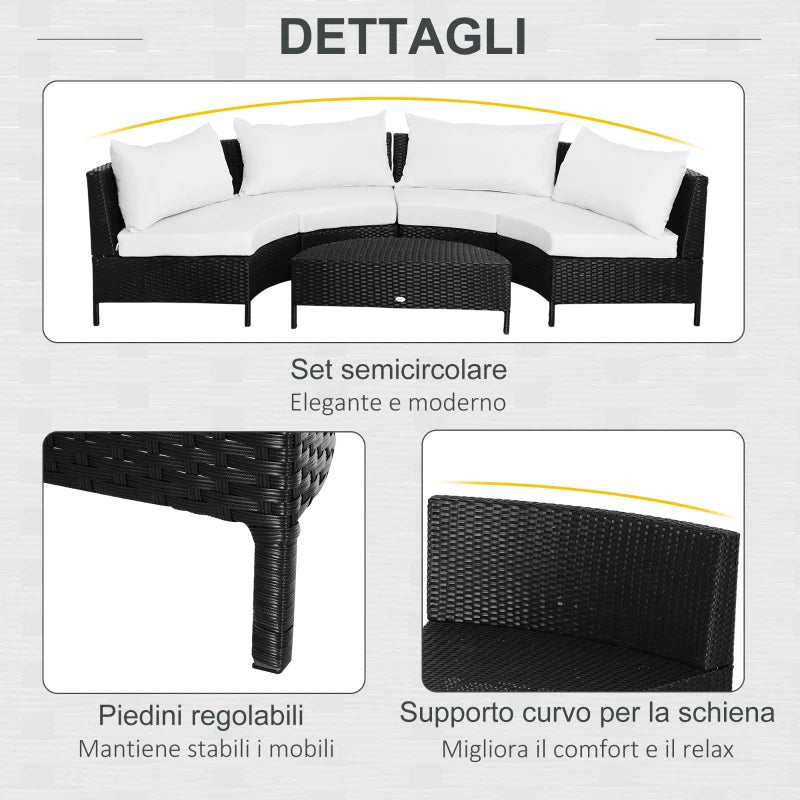 Outsunny Divano da Esterno in Rattan, Set 5 Pezzi con Pouf, Salottino per il Giardino Nero e Bianco 96cmx 68cmx 65cm