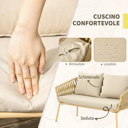 Outsunny Salotto da Esterno con Divano 2 Posti, 2 Poltrone con Cuscini e Tavolino in Vetro