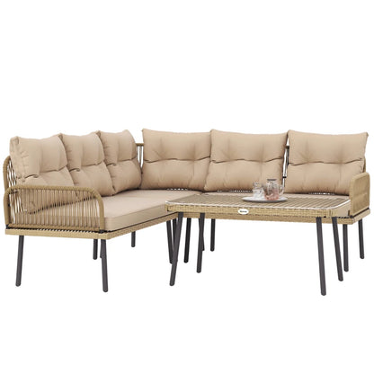 Outsunny Salotto da Giardino in Rattan 2 Divanetti e Poltrona Angolare con Cuscini, Tavolino in Vetro, Colore Legno