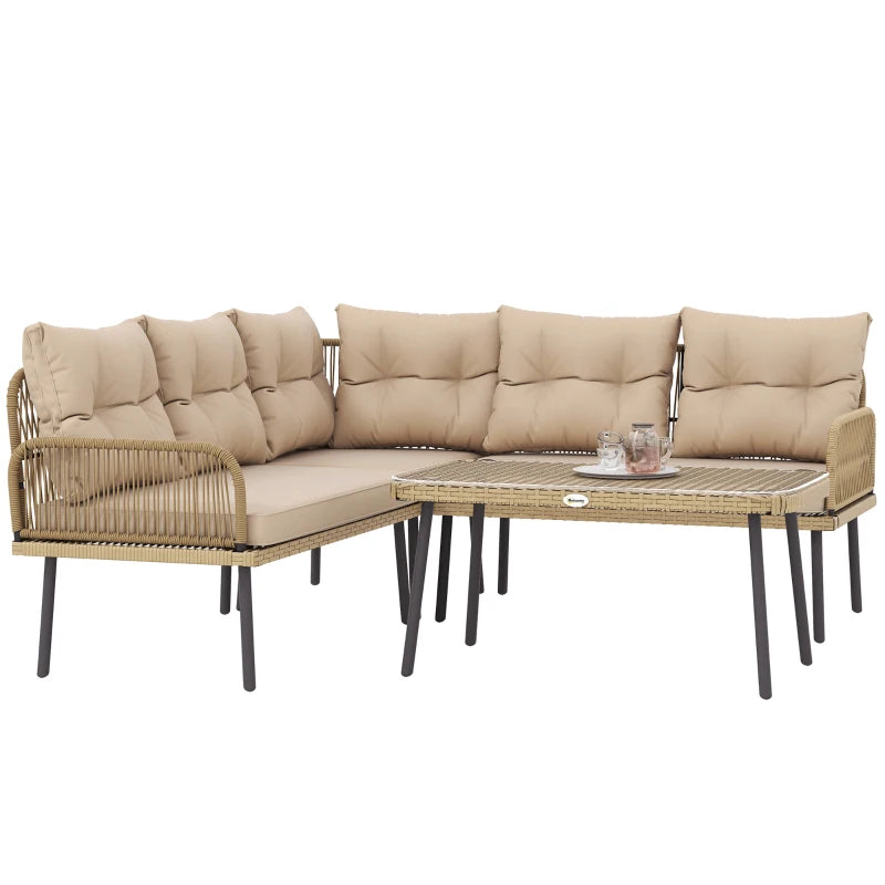 Outsunny Salotto da Giardino in Rattan 2 Divanetti e Poltrona Angolare con Cuscini, Tavolino in Vetro, Colore Legno
