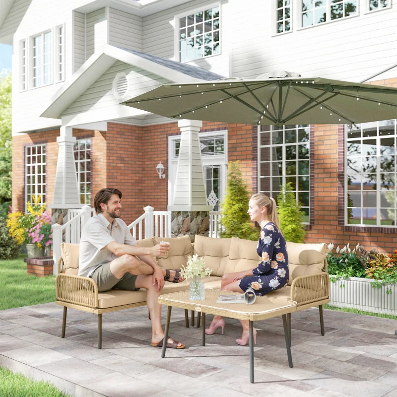 Outsunny Salotto da Giardino in Rattan 2 Divanetti e Poltrona Angolare con Cuscini, Tavolino in Vetro, Colore Legno