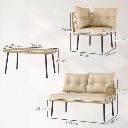 Outsunny Salotto da Giardino in Rattan 2 Divanetti e Poltrona Angolare con Cuscini, Tavolino in Vetro, Colore Legno