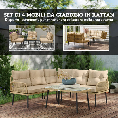 Outsunny Salotto da Giardino in Rattan 2 Divanetti e Poltrona Angolare con Cuscini, Tavolino in Vetro, Colore Legno