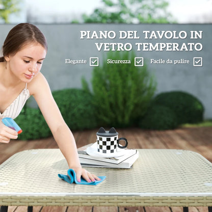 Outsunny Salotto da Giardino in Rattan 2 Divanetti e Poltrona Angolare con Cuscini, Tavolino in Vetro, Colore Legno