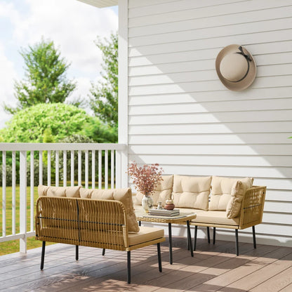 Outsunny Salotto da Giardino in Rattan 2 Divanetti e Poltrona Angolare con Cuscini, Tavolino in Vetro, Colore Legno