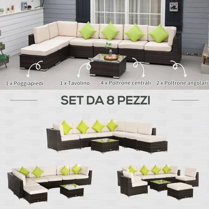Outsunny Mobili da Giardino in Rattan e Alluminio Set 8 Pezzi, Salotto da Giardino Componibile con Divani e Tavolino da Esterno