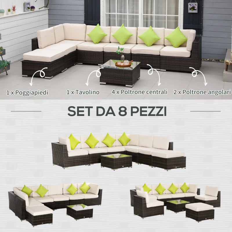 Outsunny Mobili da Giardino in Rattan e Alluminio Set 8 Pezzi, Salotto da Giardino Componibile con Divani e Tavolino da Esterno