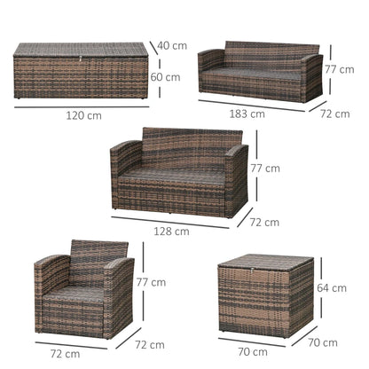 Outsunny Set da Giardino 6 Pezzi in Rattan con Divani, Poltrone e Tavoli Contenitore, Marrone