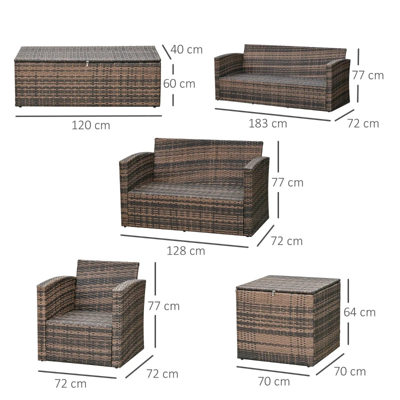 Outsunny Set da Giardino 6 Pezzi in Rattan con Divani, Poltrone e Tavoli Contenitore, Marrone