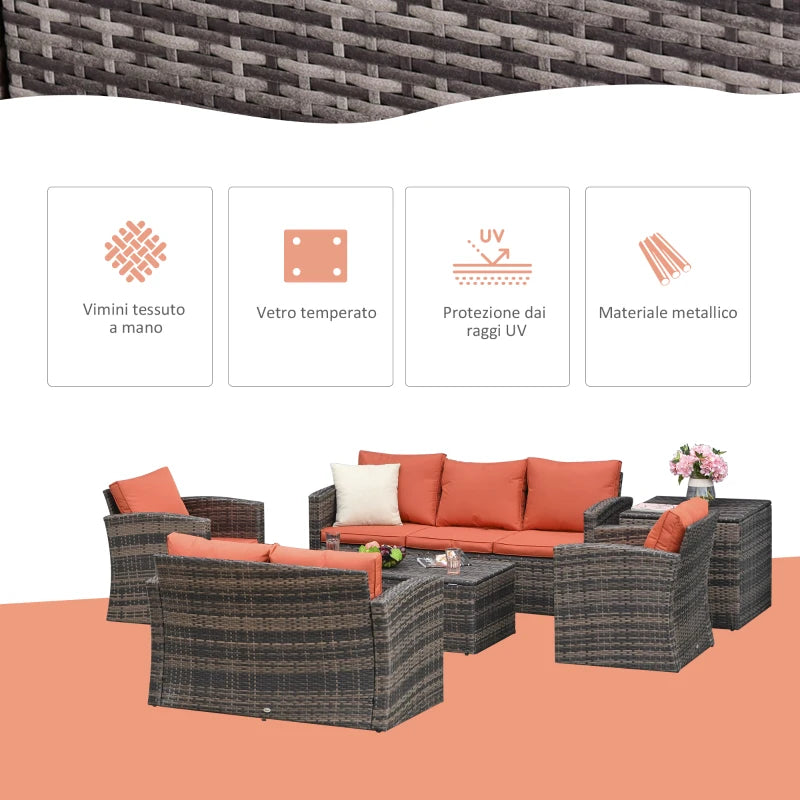 Outsunny Set da Giardino 6 Pezzi in Rattan con Divani, Poltrone e Tavoli Contenitore, Marrone