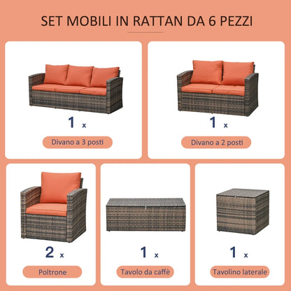 Outsunny Set da Giardino 6 Pezzi in Rattan con Divani, Poltrone e Tavoli Contenitore, Marrone