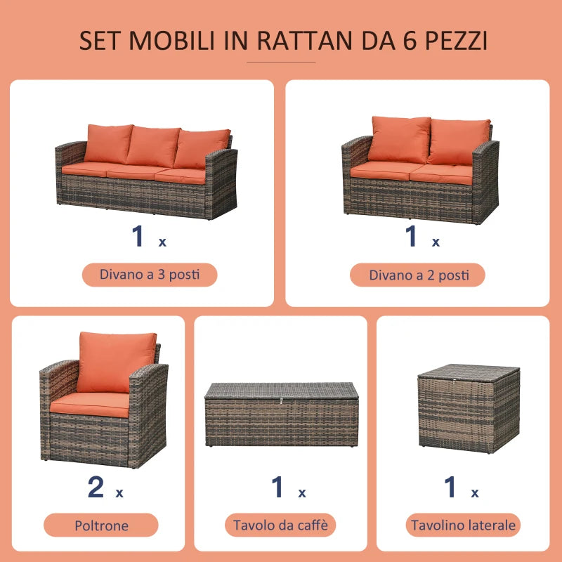 Outsunny Set da Giardino 6 Pezzi in Rattan con Divani, Poltrone e Tavoli Contenitore, Marrone