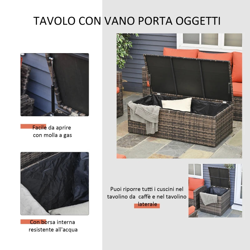 Outsunny Set da Giardino 6 Pezzi in Rattan con Divani, Poltrone e Tavoli Contenitore, Marrone