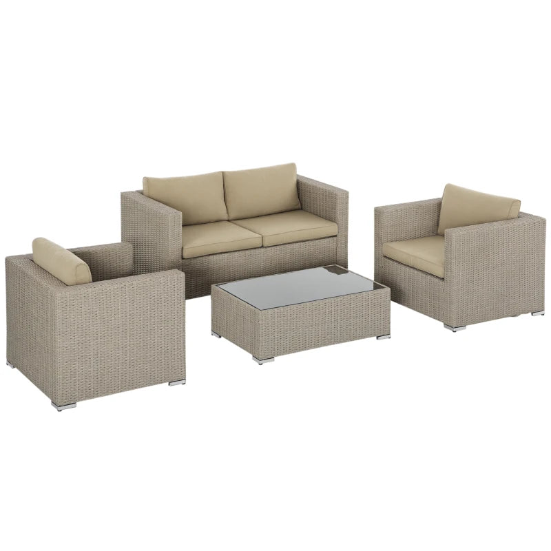 Outsunny Set 4 Pz Salotto da Esterni in Rattan con 1 Divano, 2 Poltrone e 1 Tavolino, Kaki e Beige